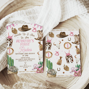Pink Brown Girls First Rodeo 1st Birthday Invitation
