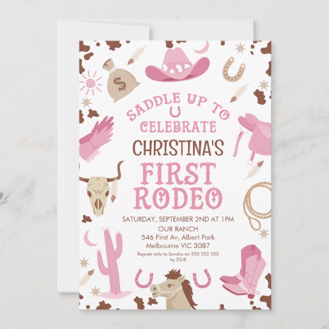 Pink Brown Girls Horse First Rodeo 1st Birthday Invitation (Front)