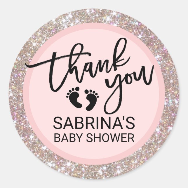 Pink, Brown, Glitter Baby Shower - Girls Classic Round Sticker (Front)