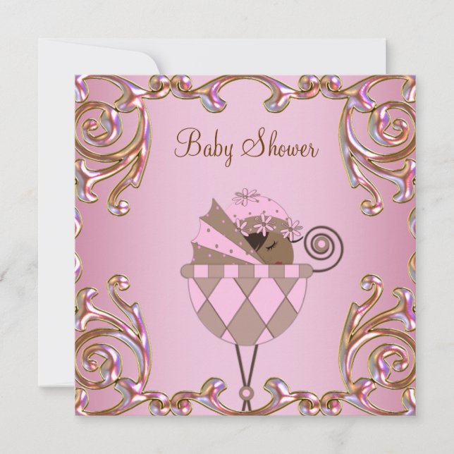 Pink Brown Gold Lace Baby Girl Shower Invtations Invitation (Front)