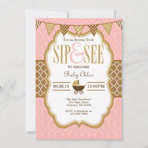 Pink Brown Gold Sip And See Invitation