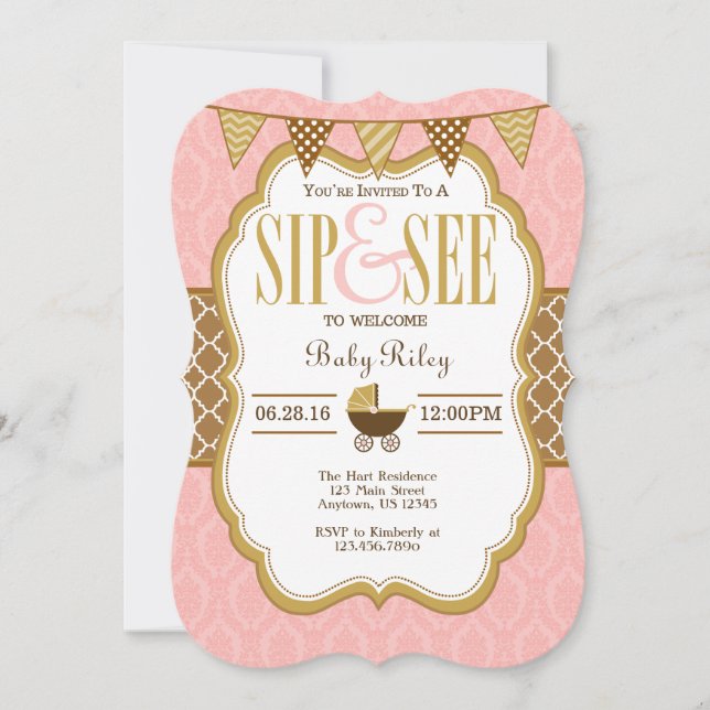 Pink Brown Gold Sip And See Invitation (Front)