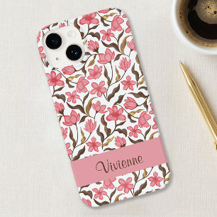 Pink Brown Gold Watercolor Wildflower Name Case-Mate iPhone 14 Case