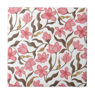 Pink Brown Gold Watercolor Wildflower Tile