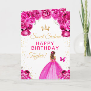 Pink Brown Hair Girl Sweet Sixteen Birthday Card