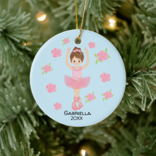 Pink  Brown Haired Ballerina Christmas Ceramic Tree Decoration