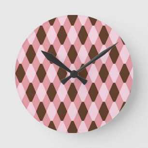 Pink Brown Harlequin Diamond Pattern Round Clock