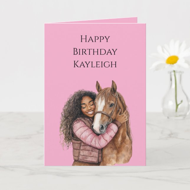 Pink Brown Horse Black Hair Girl Birthday Card (Small Plant)