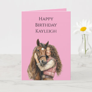 Pink Brown Horse Brown Hair Girl Birthday Card