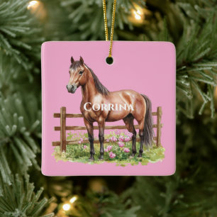 Pink Brown Horses Ceramic Ornament