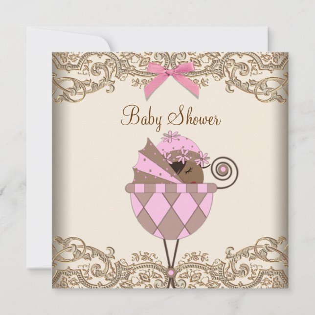 Pink Brown Lace African American Baby Girl Shower Invitation (Front)