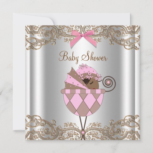 Pink Brown Lace African American Baby Girl Shower Invitation (Front)