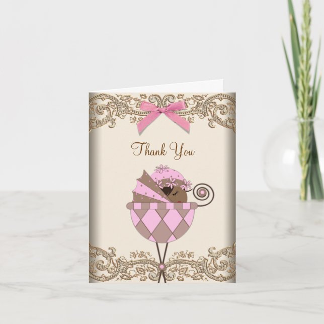Pink Brown Lace Baby Shower Thank You Cards (Front)