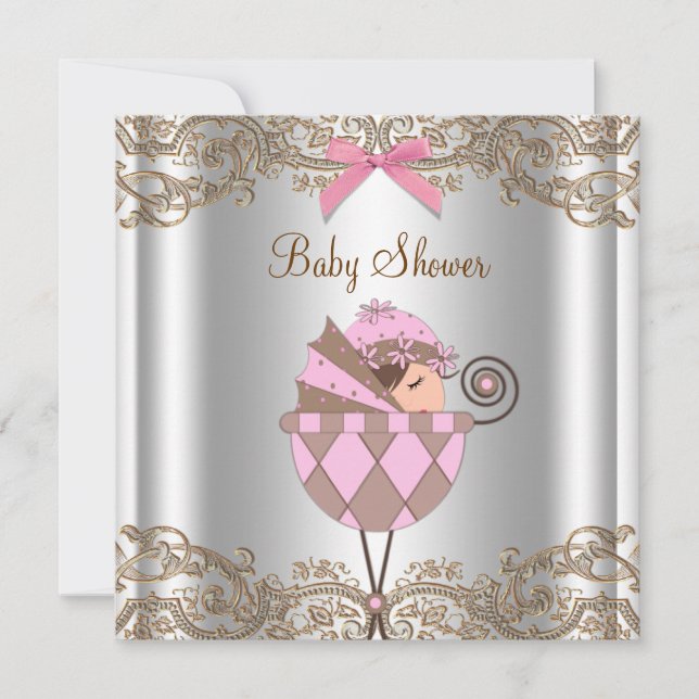 Pink Brown Lace Girl Baby Shower Invitation (Front)