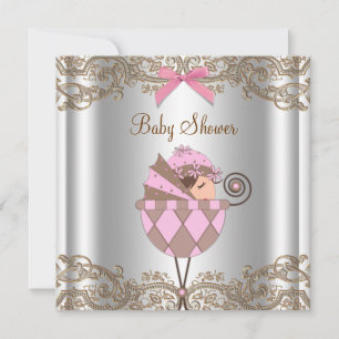 Pink Brown Lace Girl Baby Shower Invitation