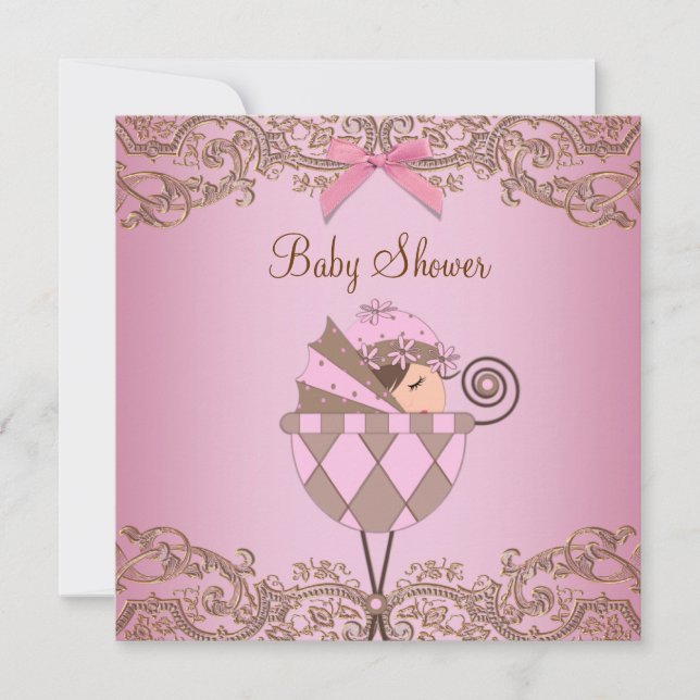 Pink Brown Lace Girl Baby Shower Invitations (Front)