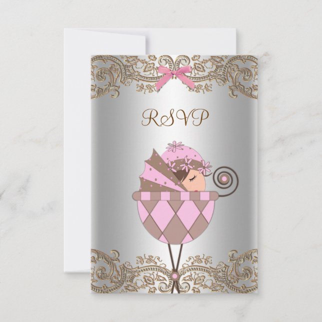 Pink Brown Lace Girl Baby Shower RSVP (Front)