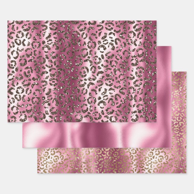 Pink Brown Leopard Print Glitter Dream Wrapping Paper Sheet (Set)