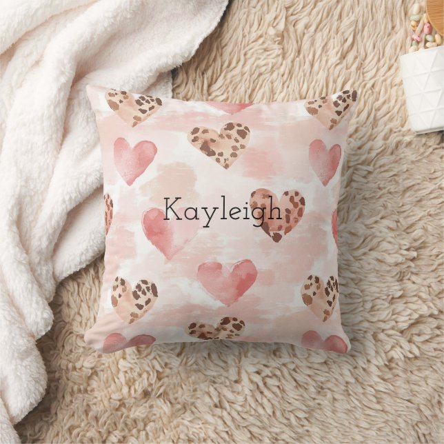 Pink Brown Leopard Print Hearts Birthday Cushion (Blanket)