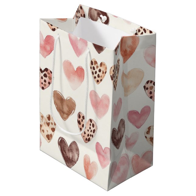 Pink Brown Leopard Print Hearts Birthday Medium Gift Bag (Front Angled)