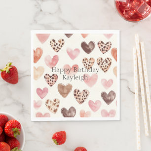 Pink Brown Leopard Print Hearts Birthday Napkin