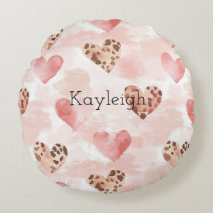 Pink Brown Leopard Print Hearts Birthday Round Cushion