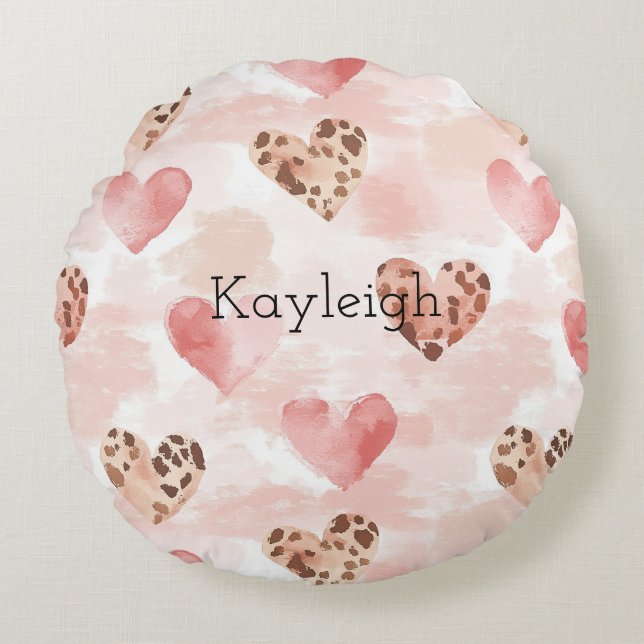 Pink Brown Leopard Print Hearts Birthday Round Cushion (Front)