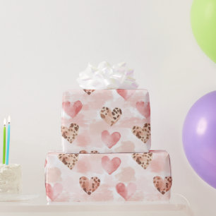 Pink Brown Leopard Print Hearts Birthday Wrapping Paper