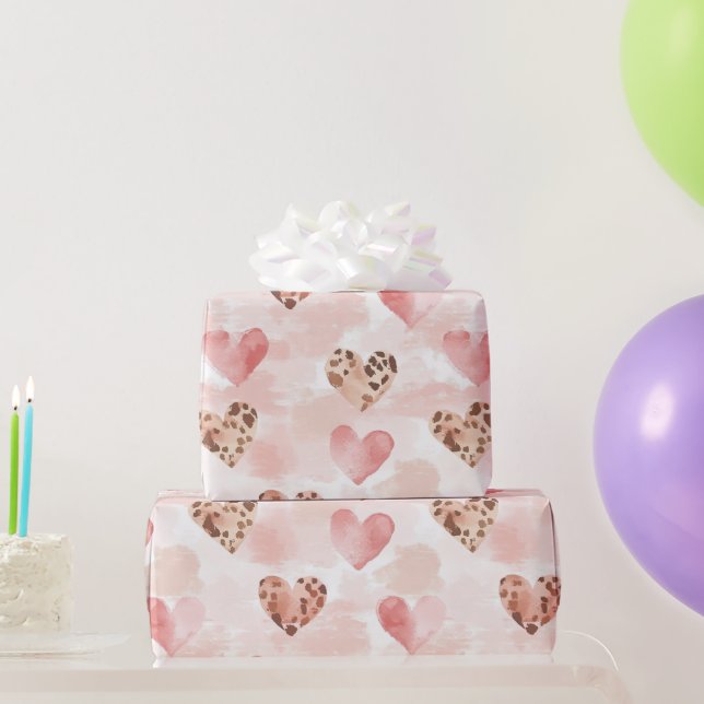 Pink Brown Leopard Print Hearts Birthday Wrapping Paper (Party Gifts)