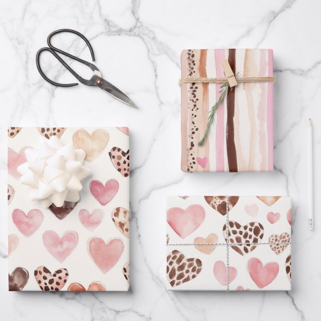 Pink Brown Leopard Print Hearts Birthday Wrapping Paper Sheet (Front)