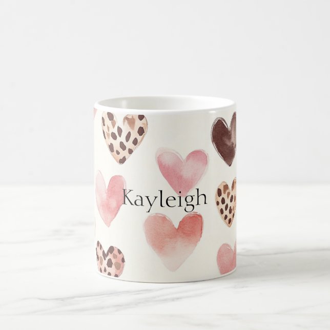Pink Brown Leopard Print Hearts Coffee Mug (Center)