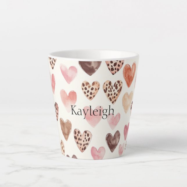 Pink Brown Leopard Print Hearts Latte Mug (Front)