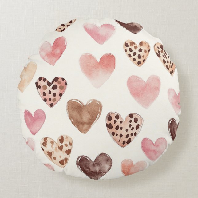 Pink Brown Leopard Print Hearts Round Cushion (Front)