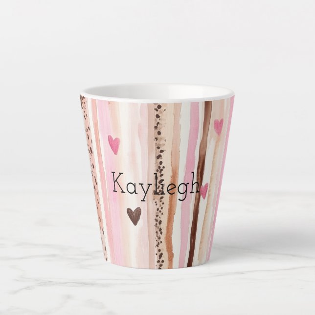 Pink Brown Leopard Print Hearts Stripes Birthday Latte Mug (Front)