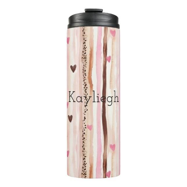 Pink Brown Leopard Print Hearts Stripes Birthday Thermal Tumbler (Front)