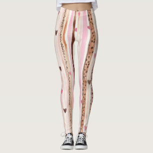 Pink Brown Leopard Print Hearts Stripes Leggings