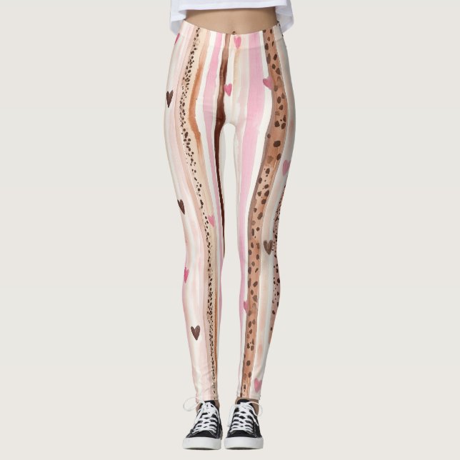 Pink Brown Leopard Print Hearts Stripes Leggings (Front)