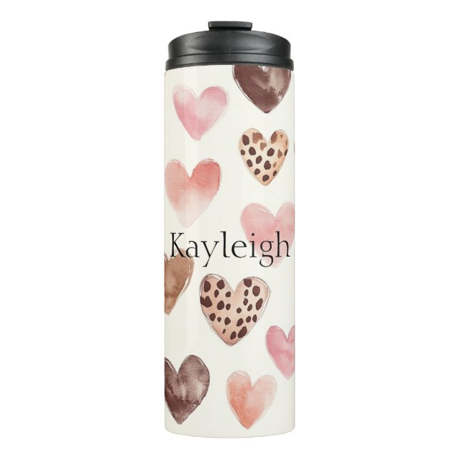 Pink Brown Leopard Print Hearts Thermal Tumbler (Front)