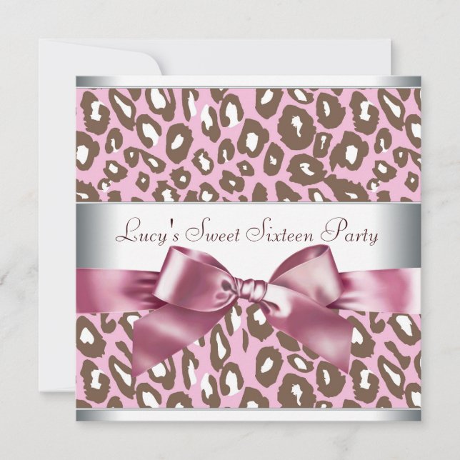Pink Brown Leopard Sweet Sixteen Birthday Party Invitation (Front)