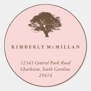 Pink brown oak tree circle custom address label