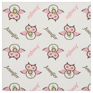 Pink brown owl, flowers & name personalised fabric