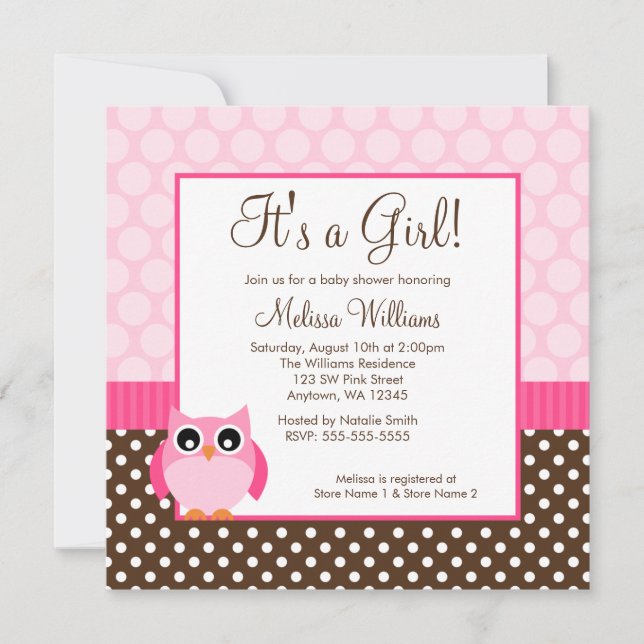 Pink Brown Owl Polka Dot Girl Baby Shower Invitation (Front)