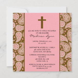 PINK & BROWN PAISLEY Baby Girl Baptism Inviation Invitation