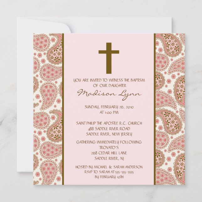 PINK & BROWN PAISLEY Baby Girl Baptism Inviation Invitation (Front)