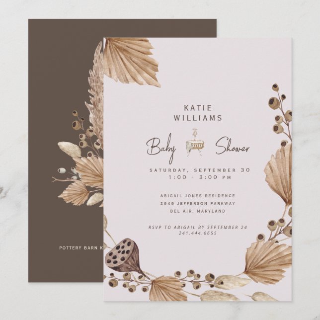 Pink & Brown Pampas Baby Shower Invitation (Front/Back)