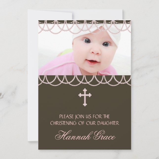 Pink Brown Pearl Cross Baby Girl Photo Christening Invitation (Front)