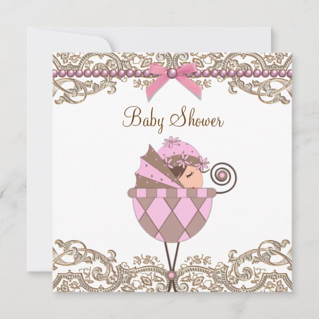 Pink Brown Pearls Lace Girl Baby Shower Invitation (Front)