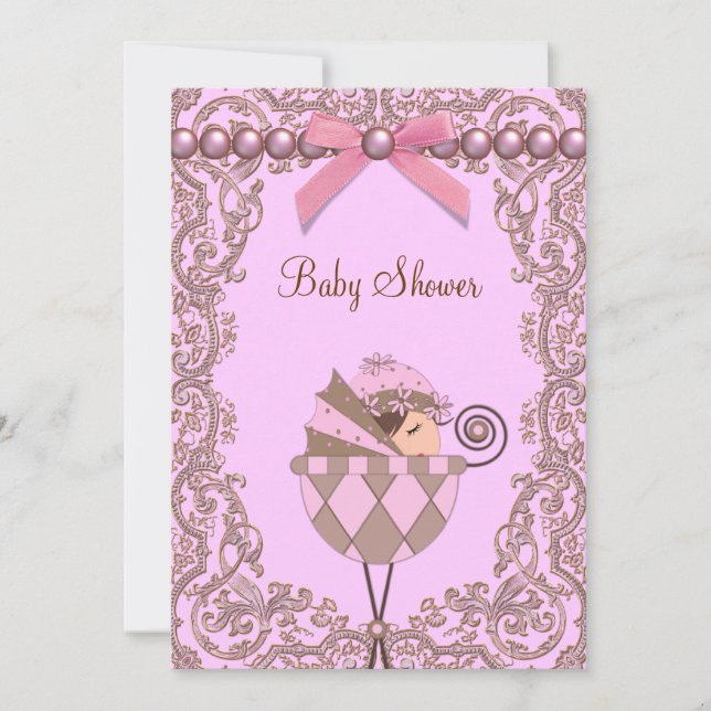 Pink Brown Pearls Lace Girl Baby Shower Invitation (Front)