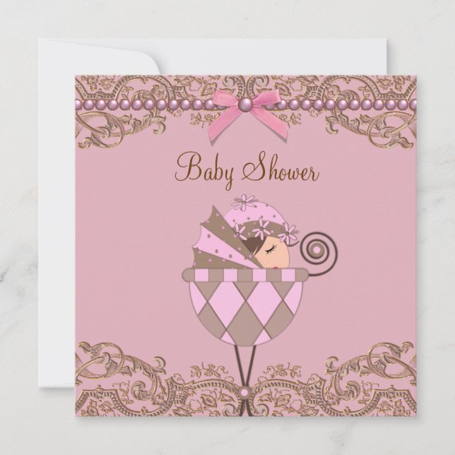 Pink Brown Pearls Lace Girl Baby Shower Invitation (Front)