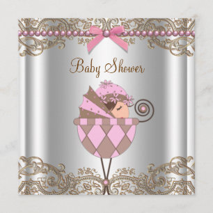 Pink Brown Pearls Lace Girl Baby Shower Invitation